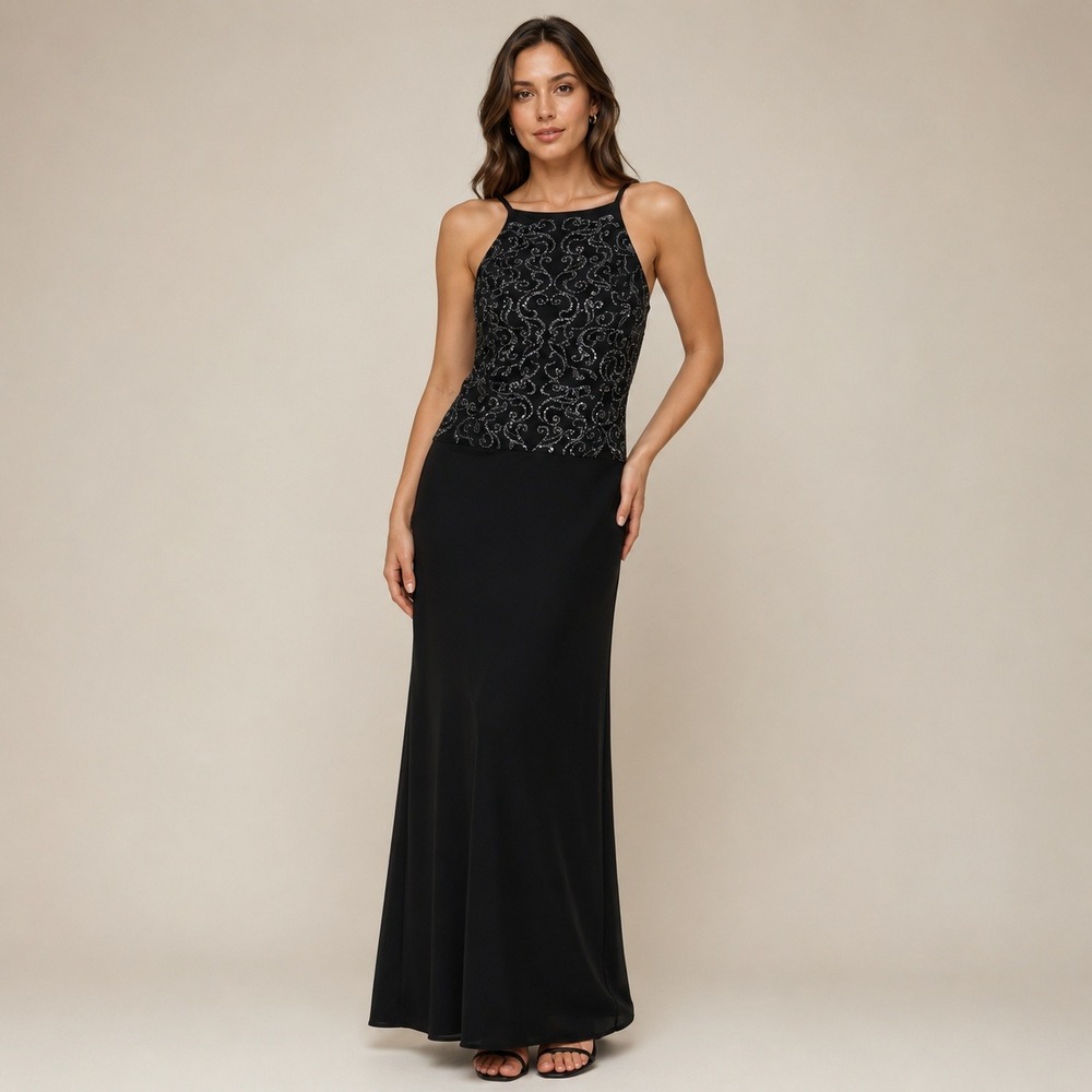 Lauren Ralph Lauren Black‎ Metallic Beaded Halter Maxi Gown Dress 8 Evening